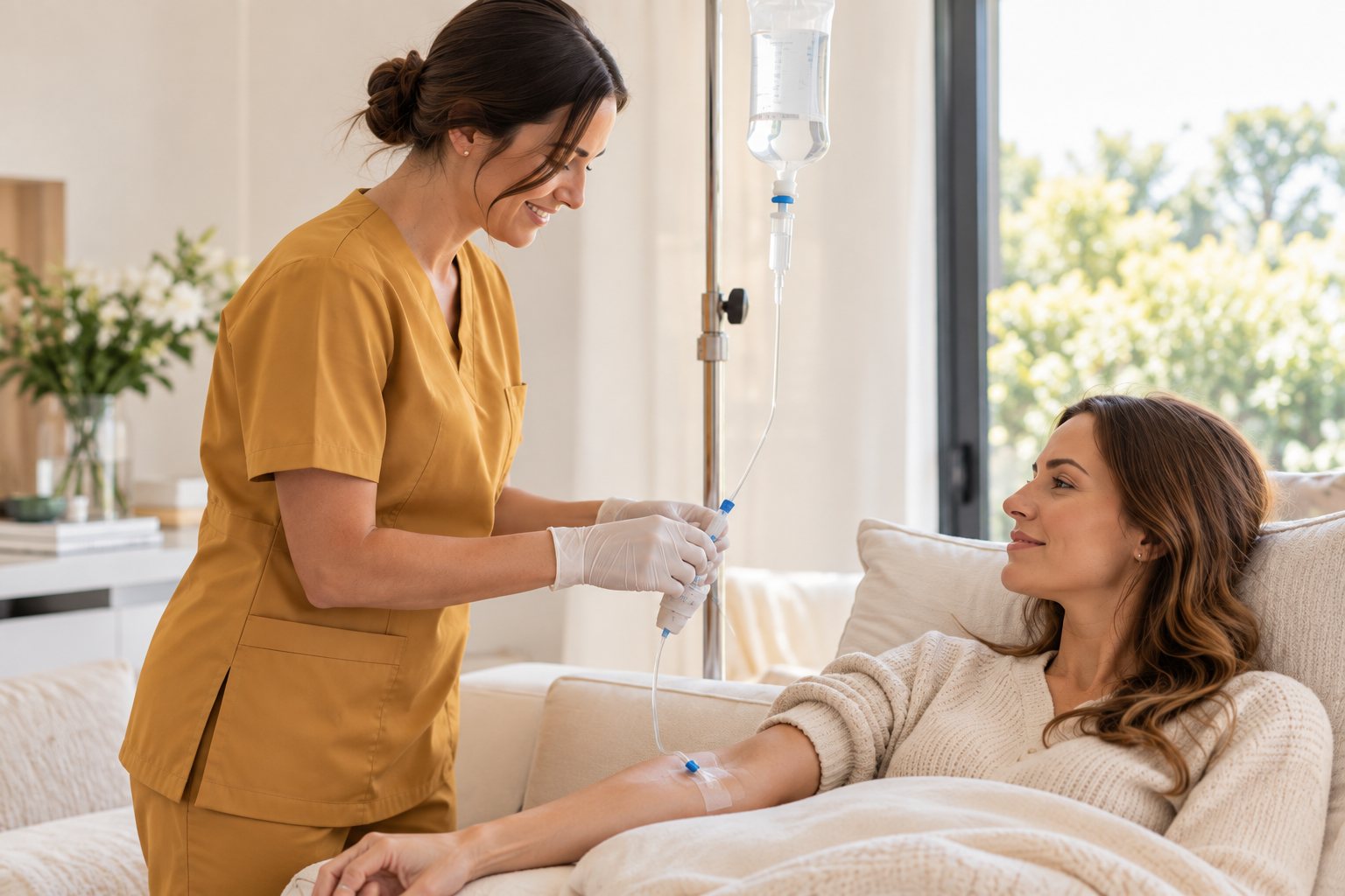 Enfermera administrando una infusión intravenosa a una paciente en su domicilio
