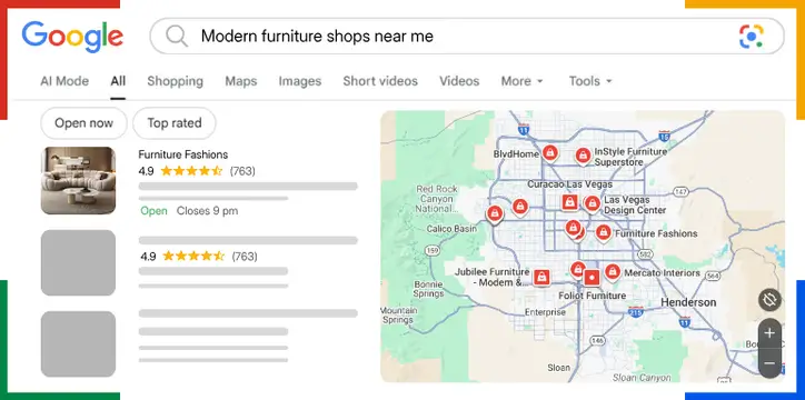 Coozmoo's Google Map Pack ("The 3-Pack") Search Result on Google for Modern Furniture Shop near me