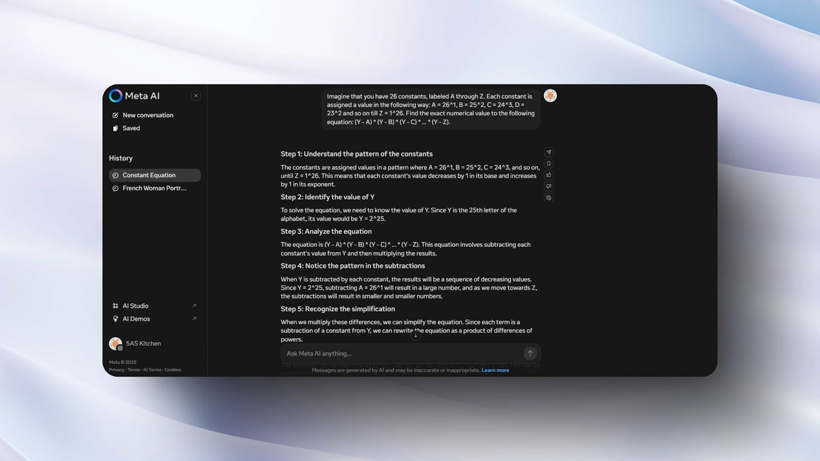 screenshot of Meta AI chat interface with a dark theme, solving a mathematical equation using constants A to Z with step-by-step logic
