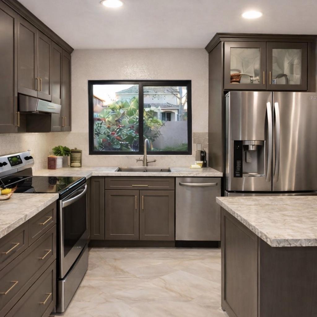 The original kitchen — honey maple cabinets, beige granite, cherrywood visible at transition