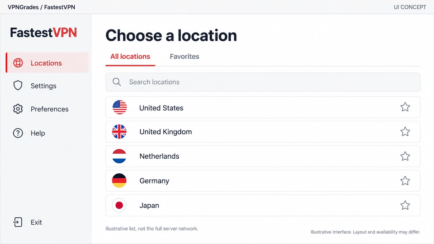 FastestVPN: a location picker concept (illustration).