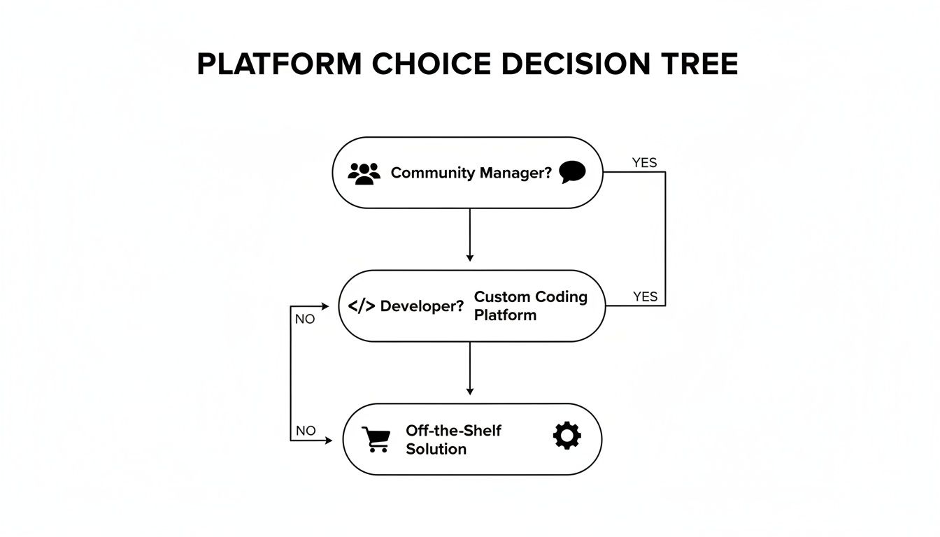 A decision tree diagram for platform choice, considering community manager and developer availability.