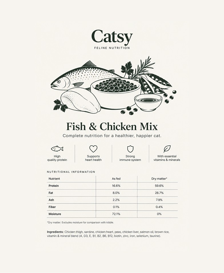 Back of the Catsy Fish & Chicken Mix pack with an illustration and the nutritional information table