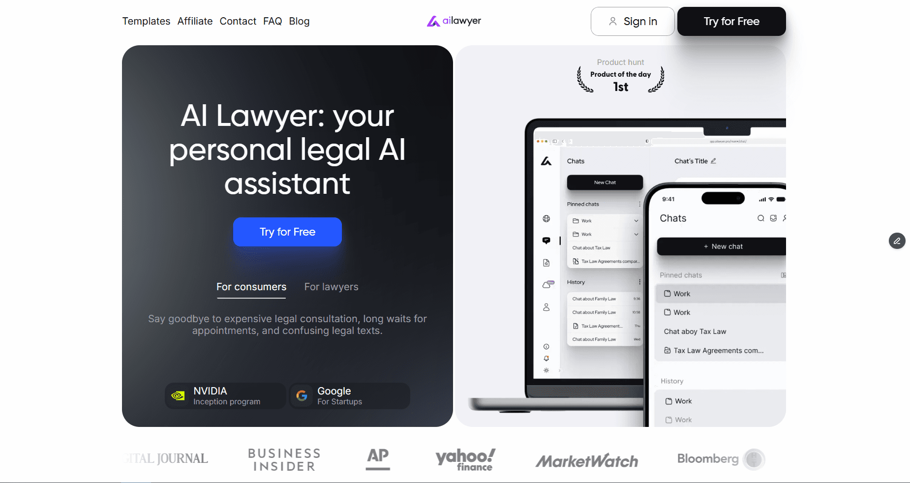Homepage screenshot of AI Lawyer featuring the headline “your personal legal AI assistant,” a “Try for Free” button, and app previews on desktop and mobile alongside media and startup program logos.