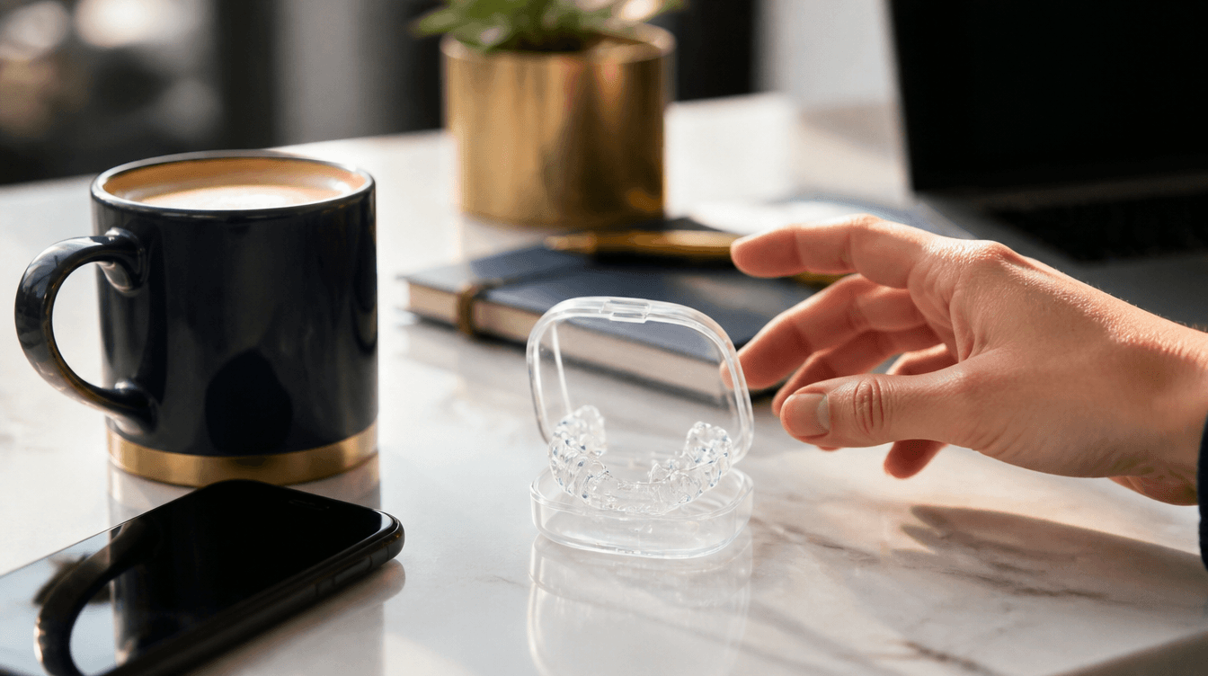 An Invisalign carrying case on a desk with coffee and phone, illustrating the everyday compliance routine