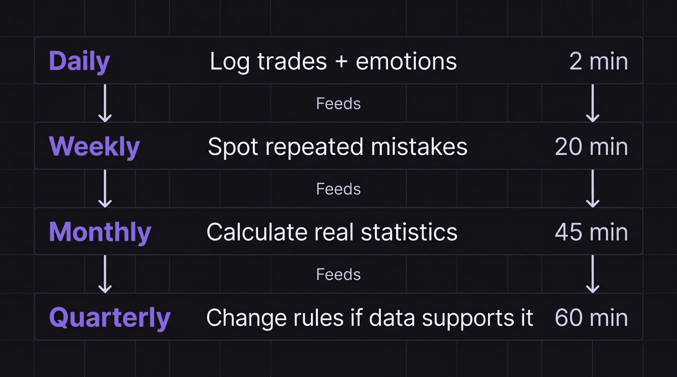 Diagram showing four review cadence levels with what each captures and the time required