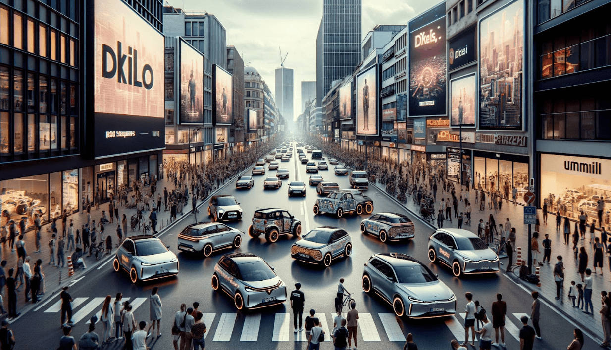 City-wide digital out-of-home advertising campaign featuring branded cars and large digital billboards in a high-traffic urban street.