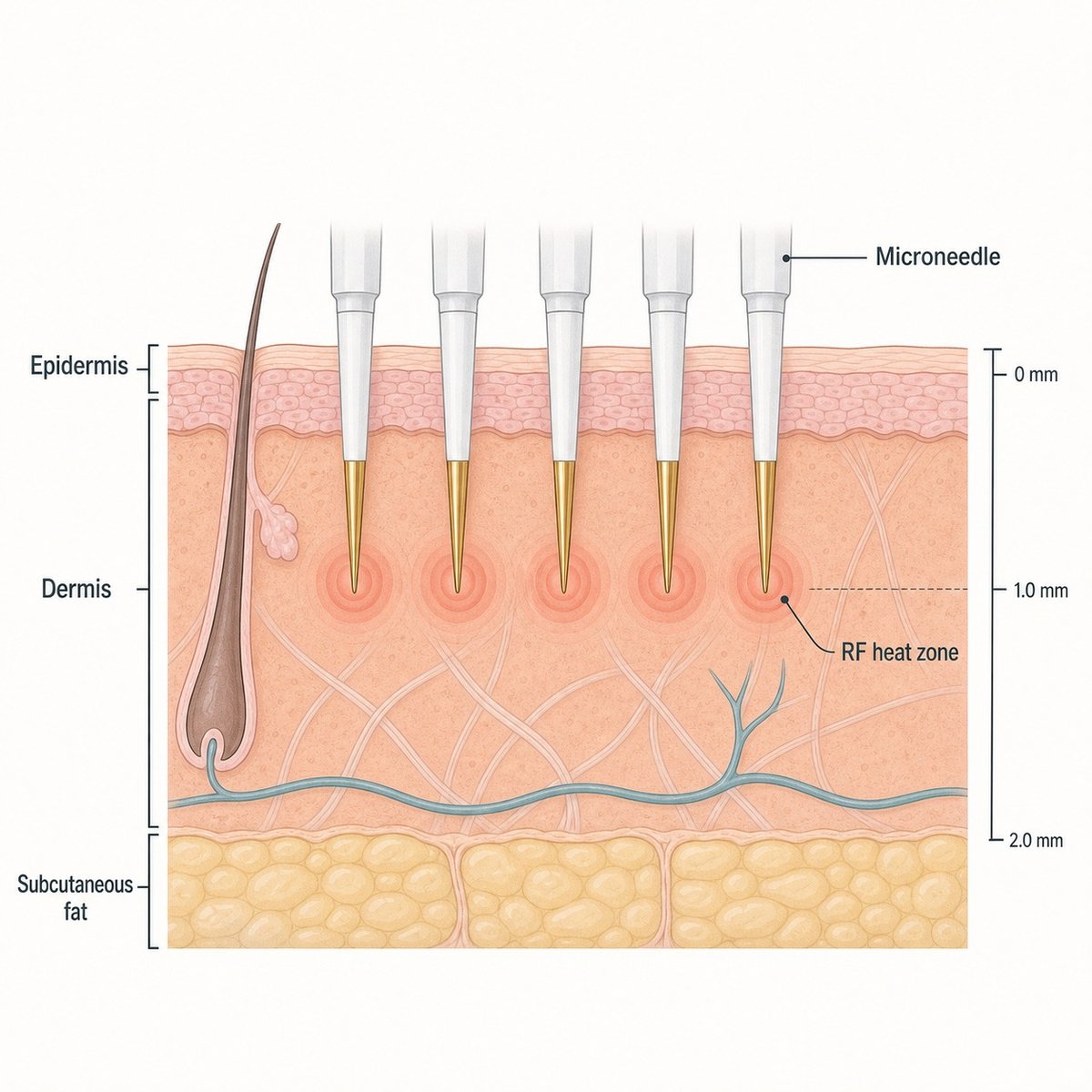 Cross-section diagram of Secret RF microneedles delivering radiofrequency heat into the dermis of neck skin