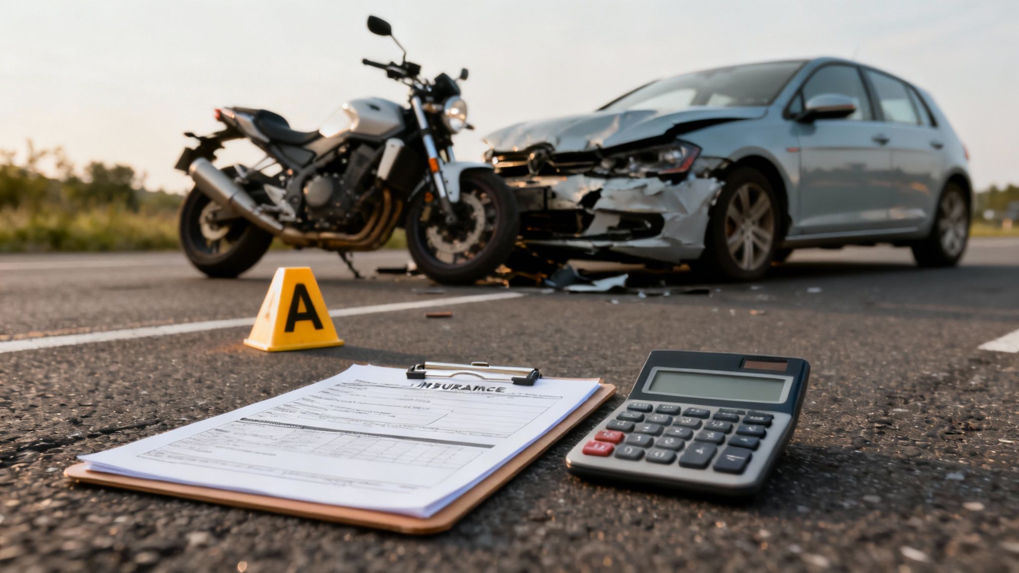 Motorcycle and car collision accident scene with insurance documents and calculator on road