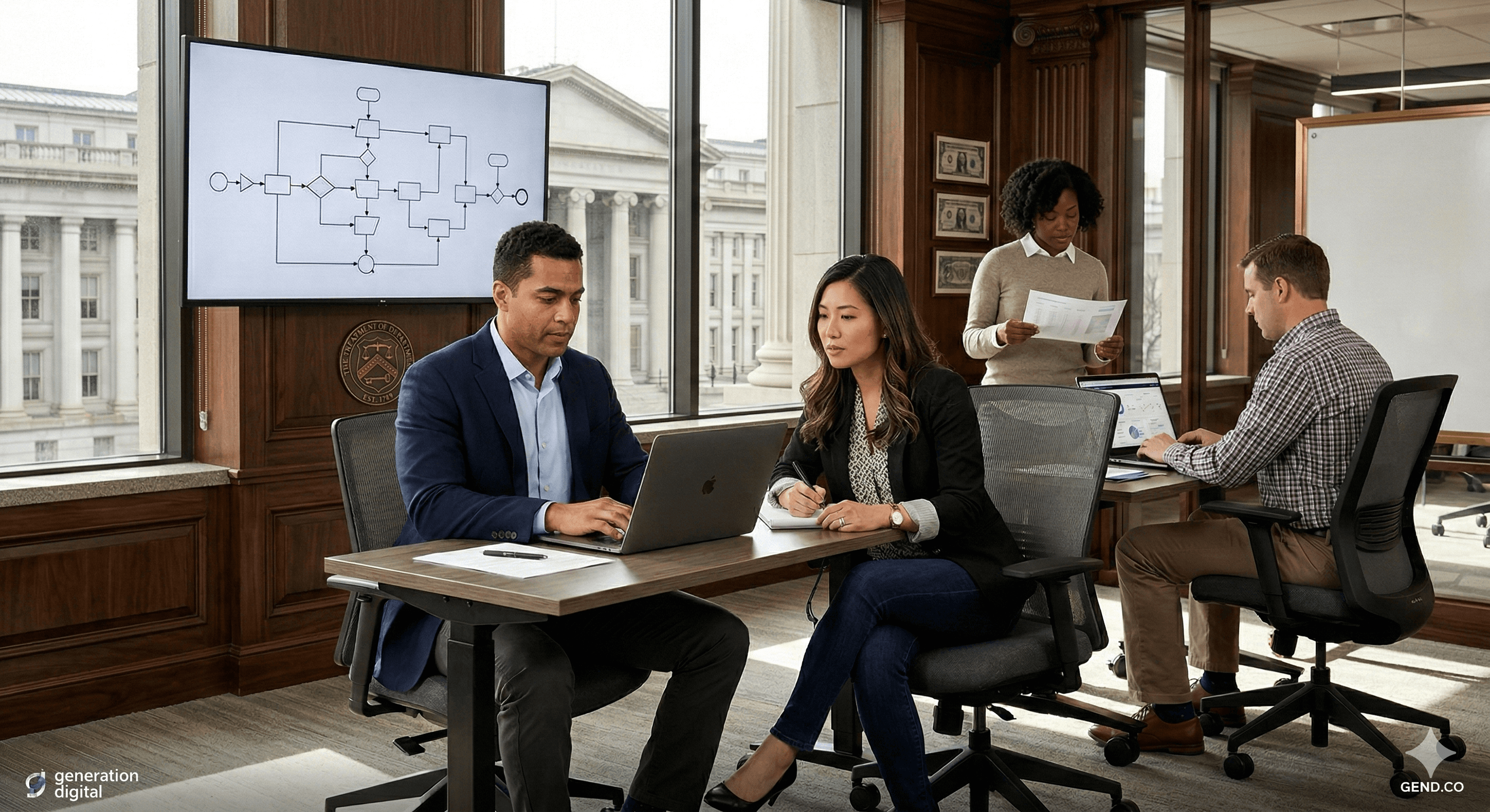 In a modern conference room with large windows, four professionals are engaged in discussion around laptops and paperwork, with a flowchart displayed on a monitor in the background, reflecting themes related to "US Treasury Ends Anthropic Use: Lessons for AI Buyers."