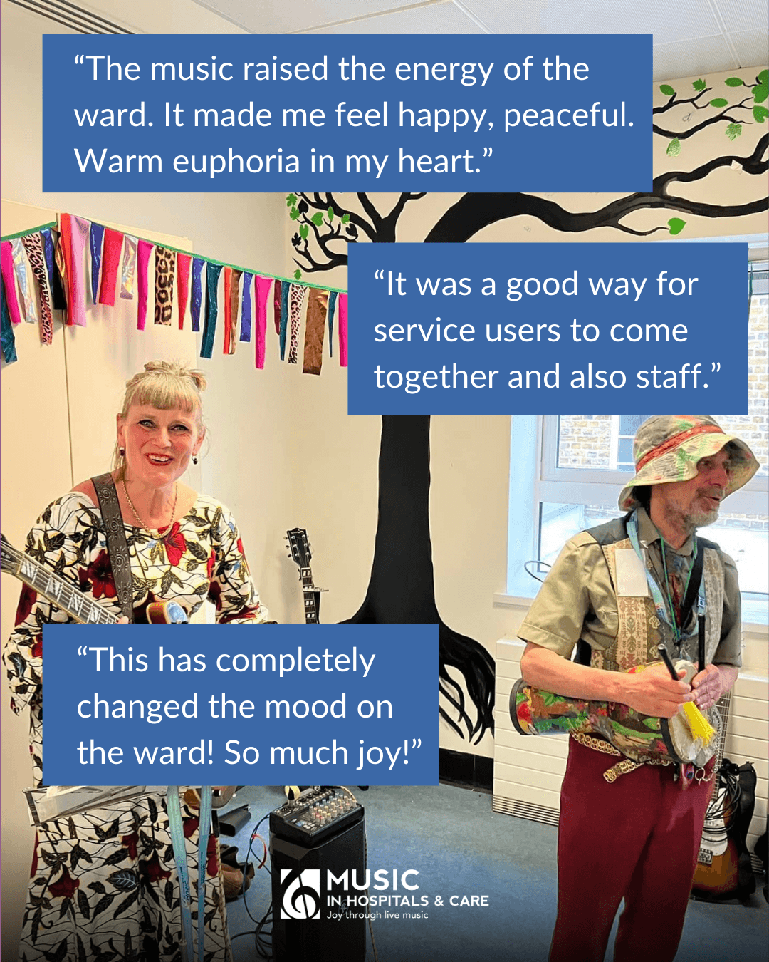 Graphic with a selection of quotes and an image of two musicians in a creatively decorated room.