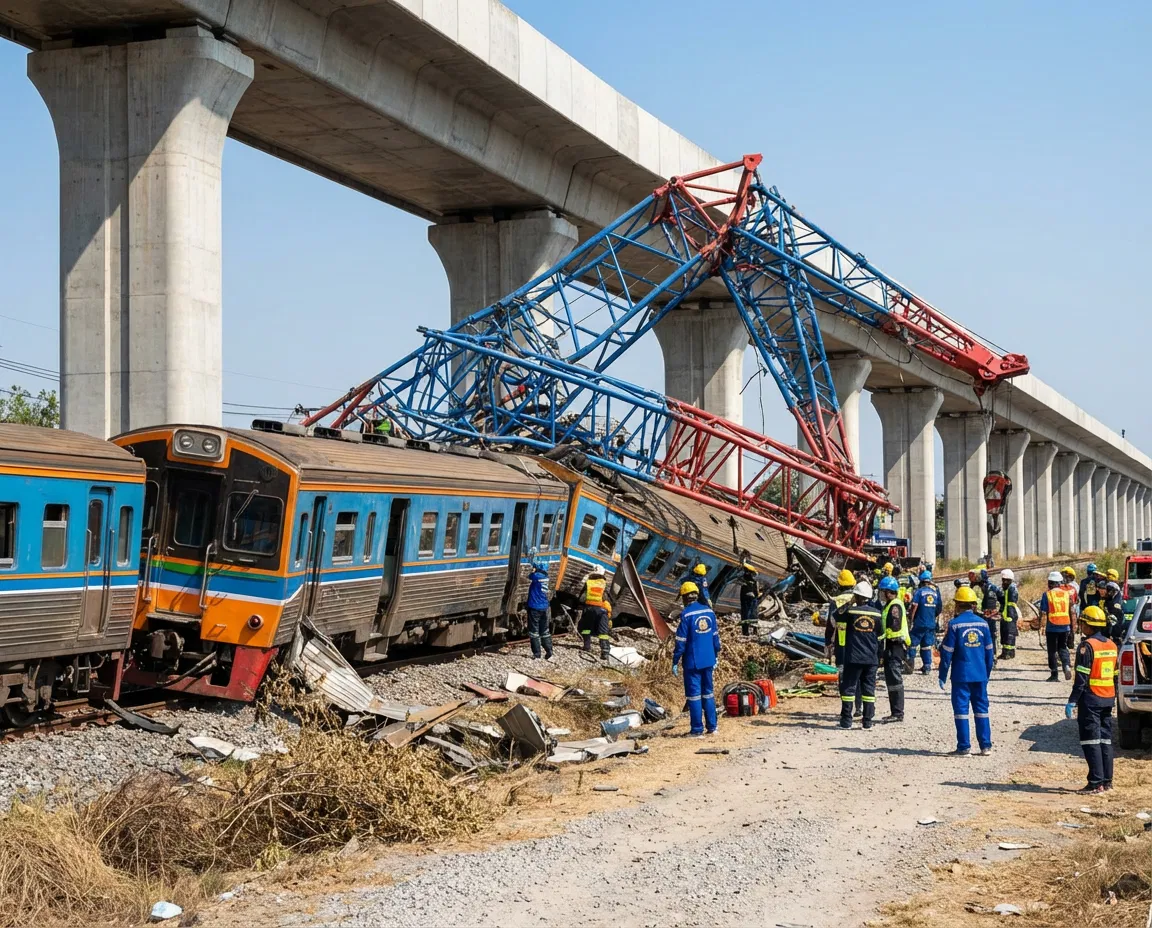 Collapsed crane atop a derailed train in northern Thailand
