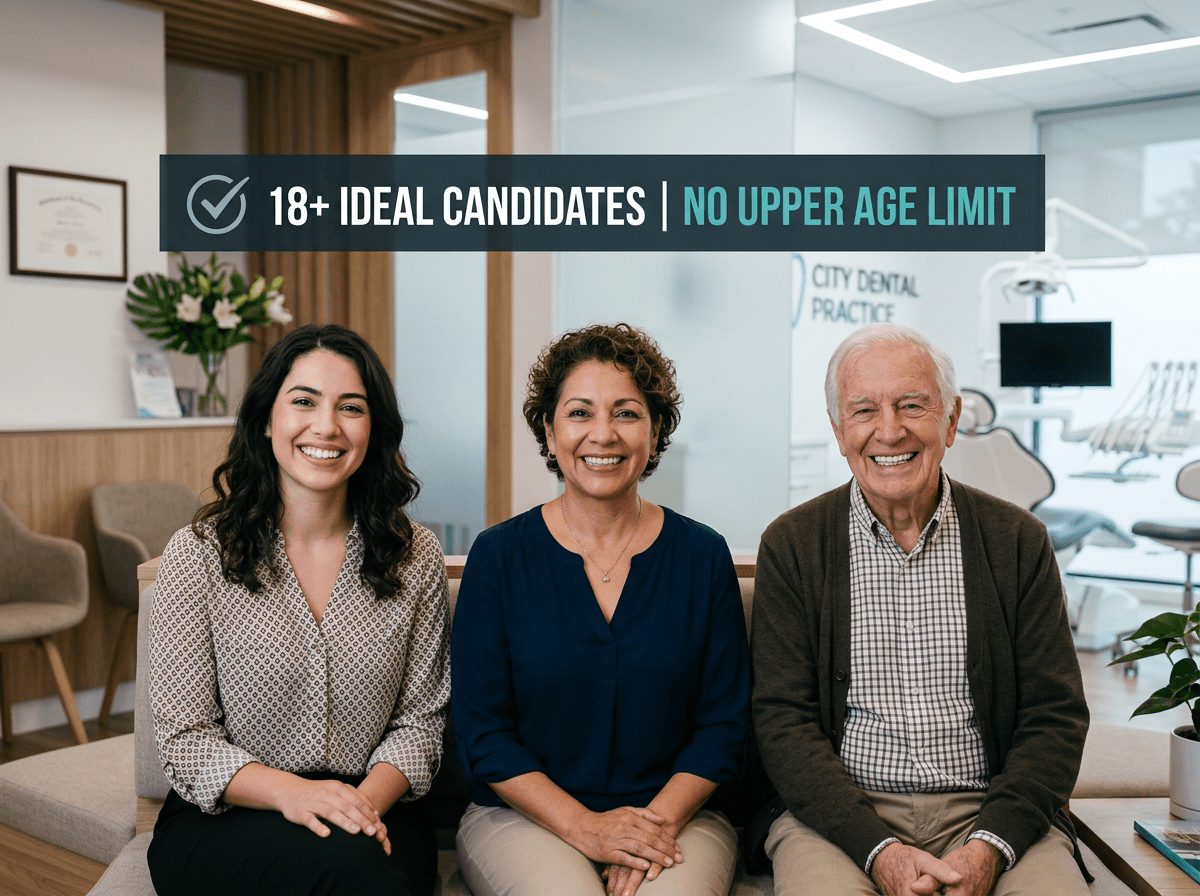 Three patients of different ages displaying successful dental implants—young adult, middle-aged, and senior demonstrating age-appropriate implant candidacy across lifespan