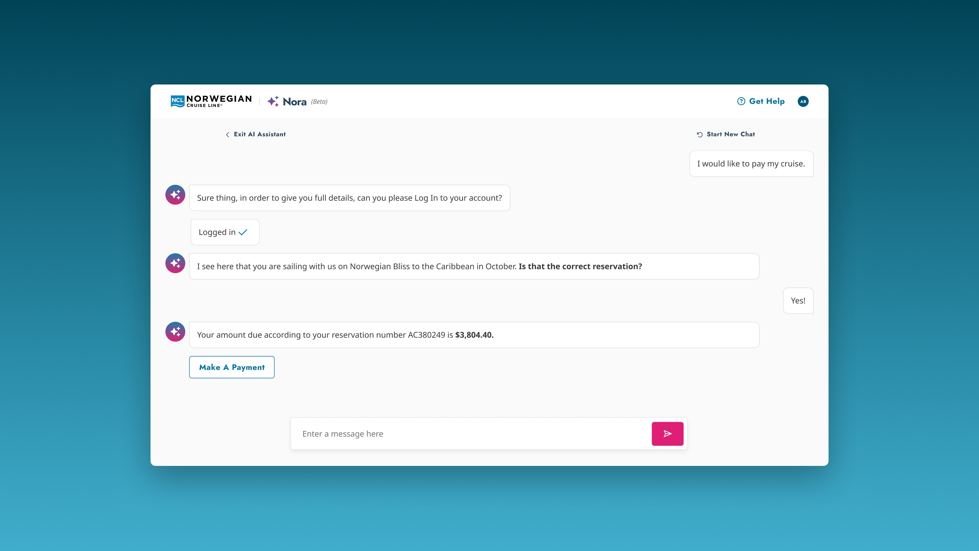 Nora responds with the guest's exact balance and reservation number — no searching, no separate portal. The answer is already in the conversation.