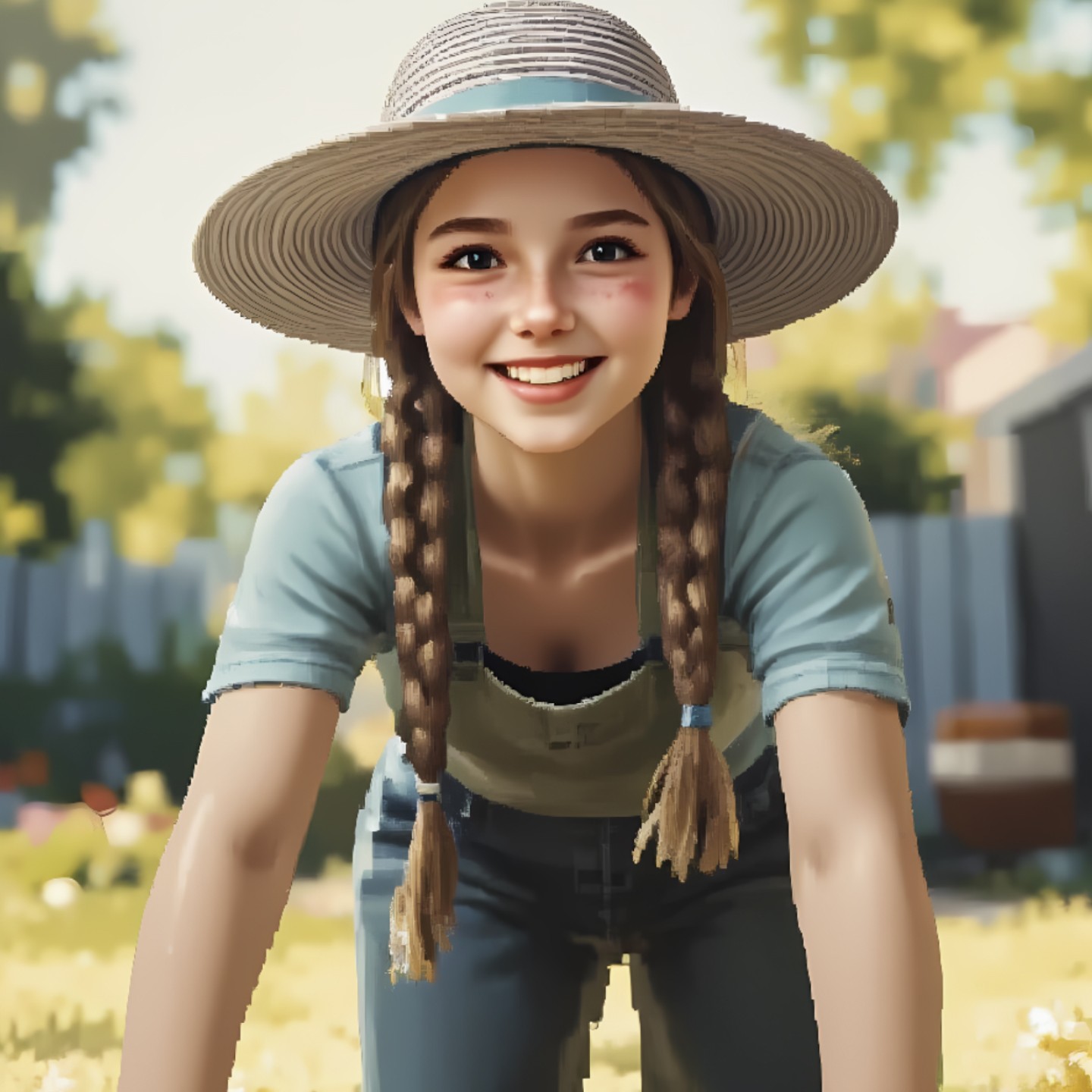 Young girl with braids, wearing a straw hat and blue shirt, smiling and leaning forward with a PS2 filter style effect, set in a sunny outdoor garden.