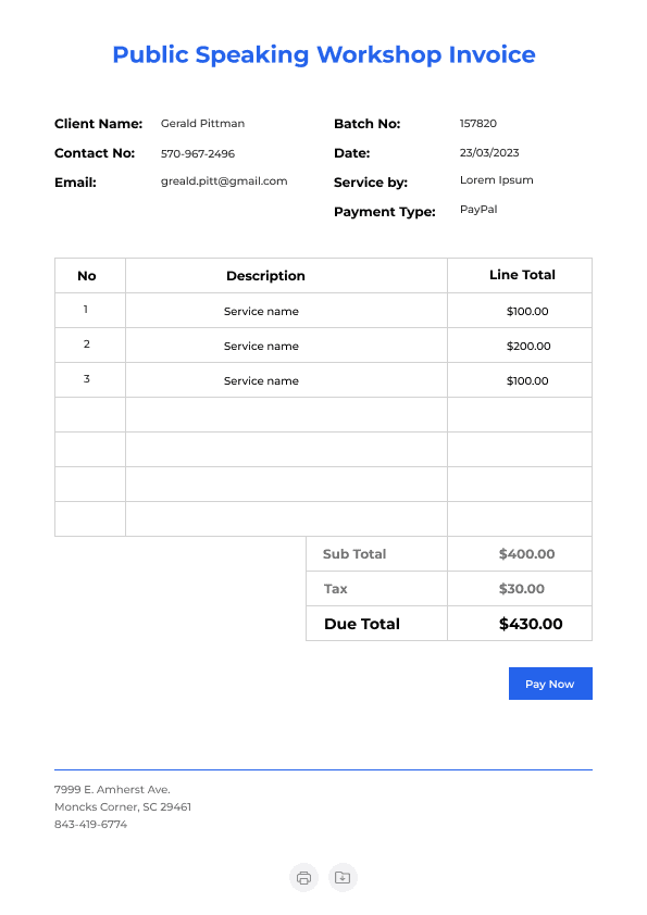 Public Speaking Workshop Invoice