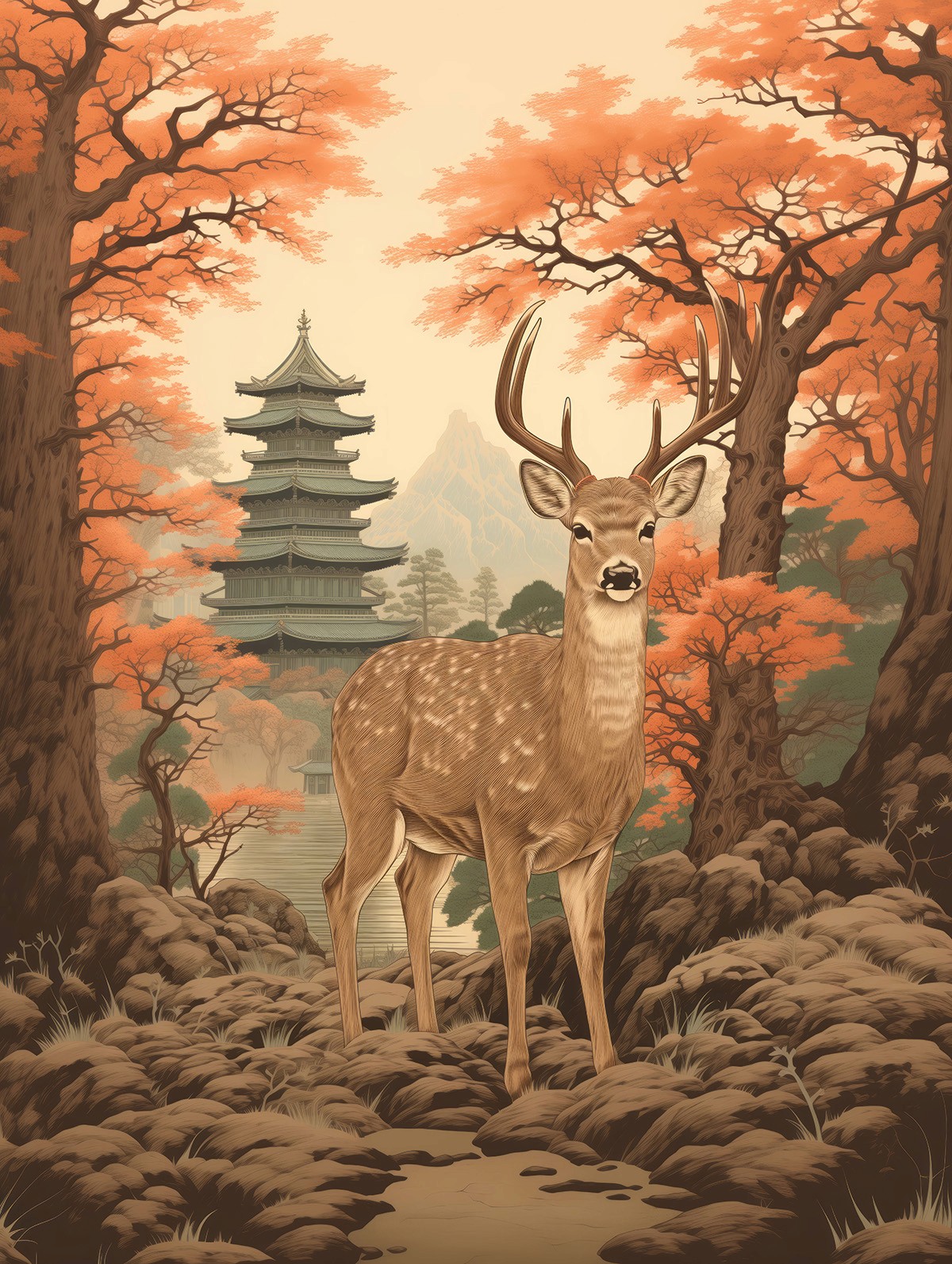 Folk Fable AI Nara deer painting print