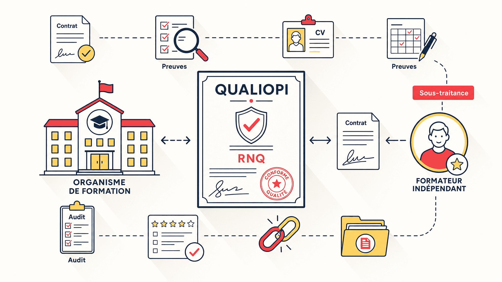 Certificat Qualiopi entouré d'icônes de contrat, preuves et audit reliant organisme et formateur sous-traitant