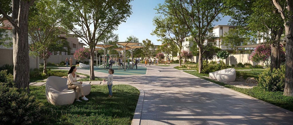 Illustration of "Wadeem," a central city park by Modon, highlighting vibrant landscapes within an urban environment.