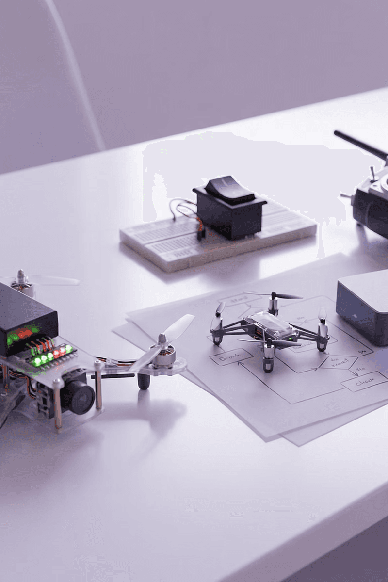 A collection of drone and robotics hardware components arranged on a white surface, including a quadcopter drone, small wheeled robot, breadboard circuit, and various electronic modules.