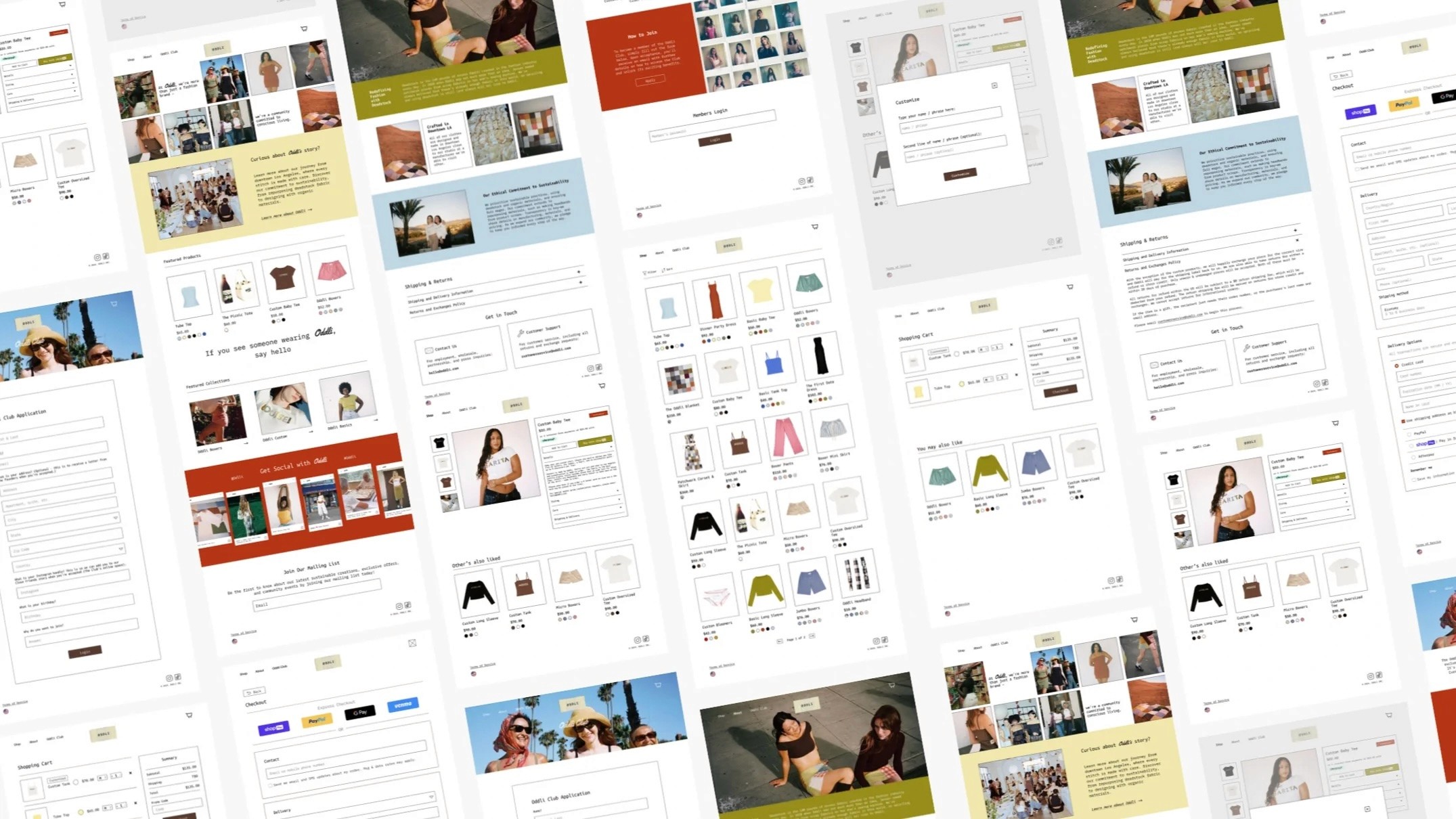 Scattered high-fidelity mockups of Oddli's redesigned website showing product pages, about section, shopping cart, and other pages