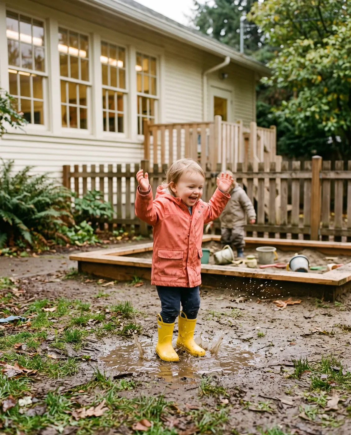 A two-year-old in a coral raincoat and yellow boots jumping in a puddle in the school garden