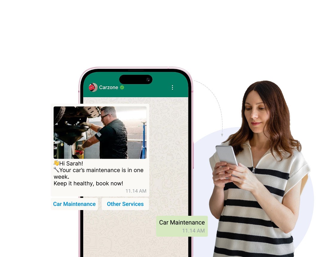 Car maintenance reminder displayed on a smartphone screen via WhatsApp, featuring a notification from Carzone encouraging timely service booking