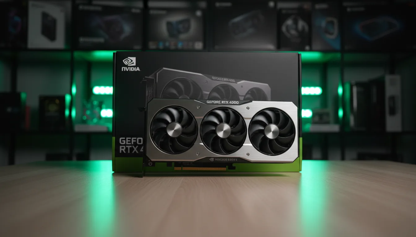 DSLR photography of a high-end NVIDIA GeForce RTX 4090 Founders Edition graphics card standing vertically on a reflective light-wood table. Its dark grey product box sits behind it. The scene features cinematic contrast lighting, with vibrant green LED lights in the background creating a cool, atmospheric glow. The background consists of shelves filled with computer component boxes, all rendered with a soft, beautiful bokeh effect, emphasizing the sharp focus on the metallic and matte black textures of the graphics card.