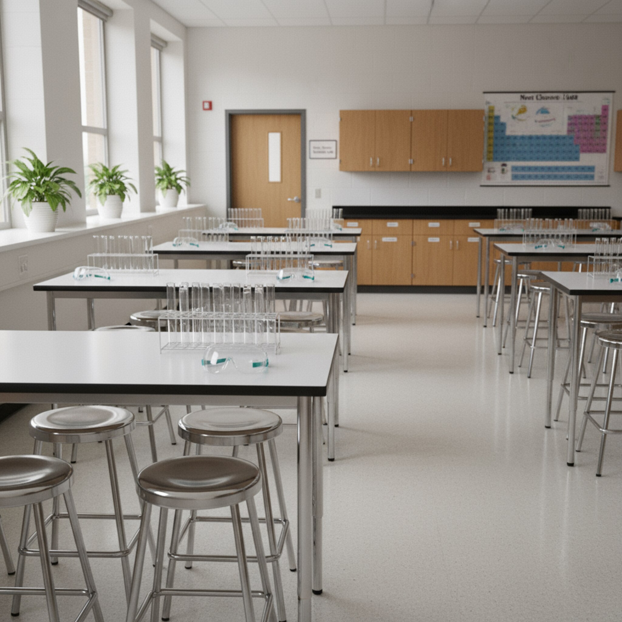 Ein naturwissenschaftlicher Fachraum mit aufgeräumten Tischen, bereitgelegten Schutzbrillen und sauber sortierten Reagenzgläsern. Die Stühle sind ordentlich unter die Tische geschoben. Ein Schild am Eingang kündigt die nächste Stunde an, der Raum wirkt klar vorbereitet und verfügbar.