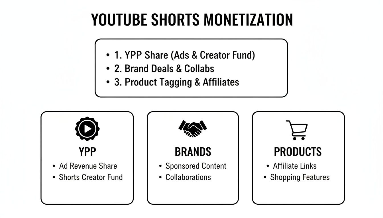 Infographic detailing three primary methods for YouTube Shorts monetization: YPP, Brands, and Products.