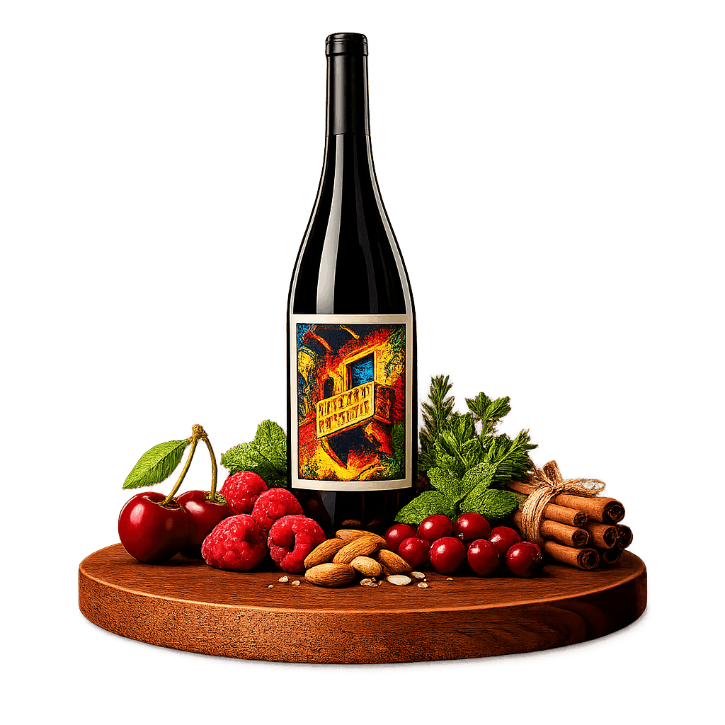 Artistic label and flavor profile for Veneto Valpolicella Red on a rustic wooden table.