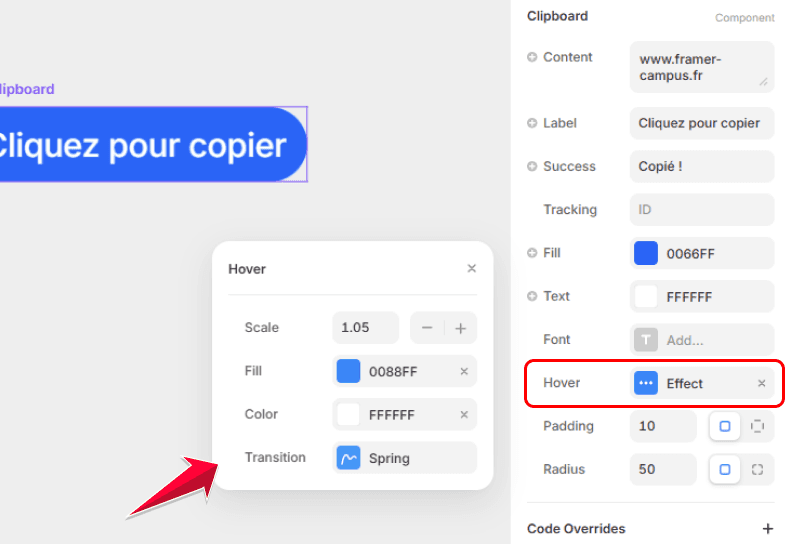 Configuration de l’effet hover du bouton Copy Clipboard dans Framer