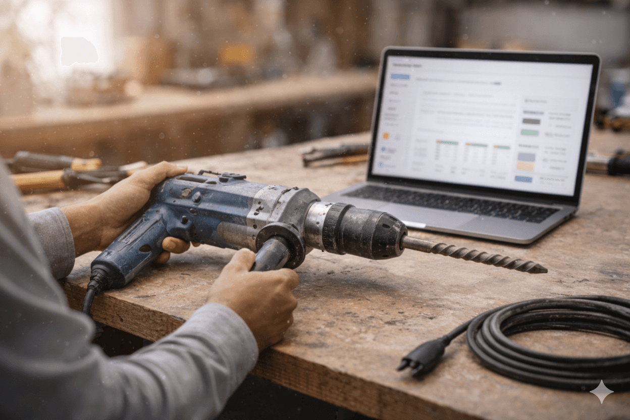 Digitales Grading im Mitarbeiterportal: Ein Techniker prüft eine gebrauchte Bohrmaschine an einer Werkbank. Im Hintergrund zeigt ein Laptop das Loopia Portal mit einer Checkliste und Farbskalen für die Zustandsbewertung und Vorbereitung zum Wiederverkauf.