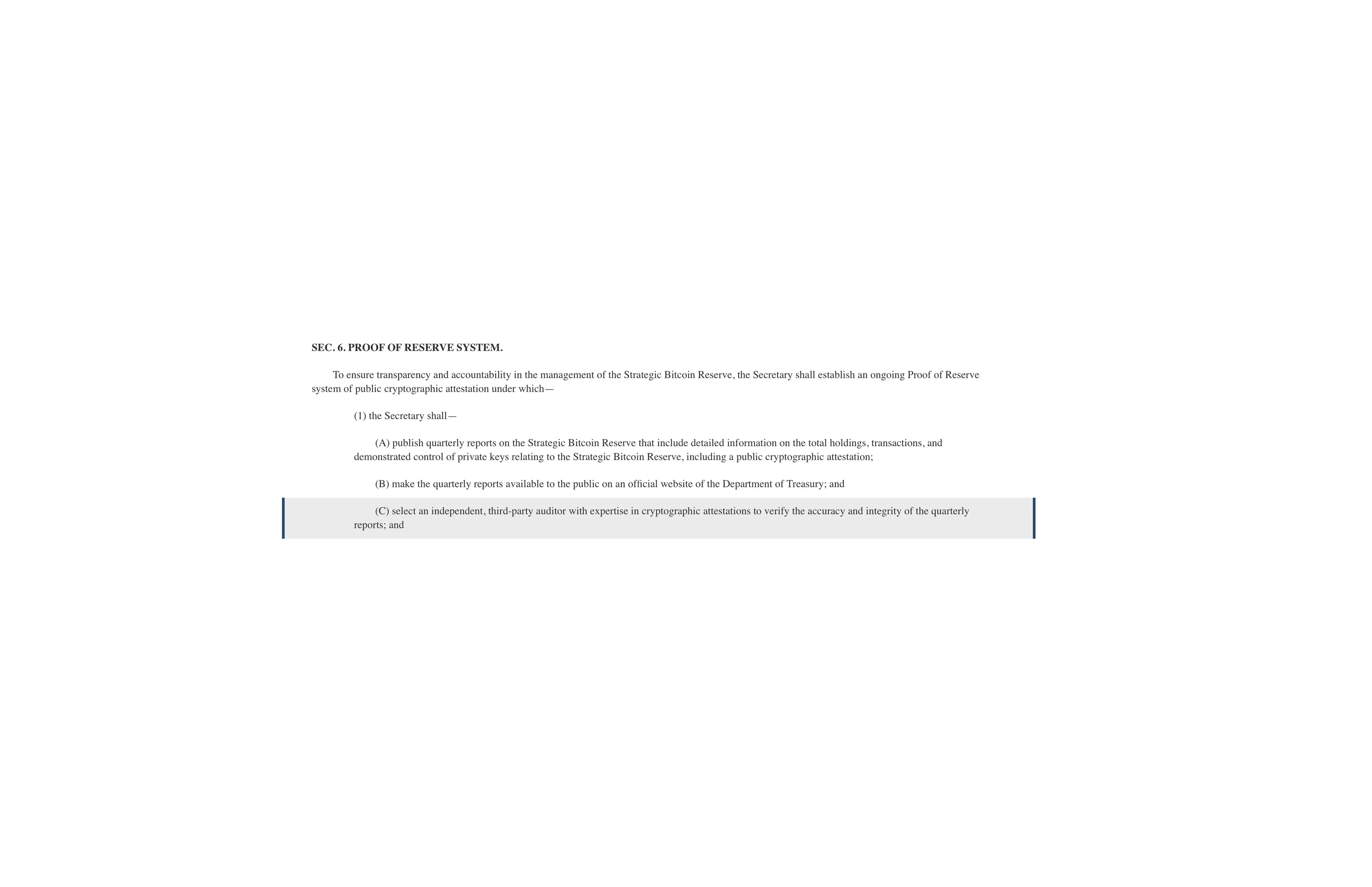 Screenshot of H.R. 8957 Section 6 as introduced in May 2026, showing quarterly reporting requirements and the requirement for an independent third-party auditor; the September 2026 committee-adopted version changed this to annual reporting.