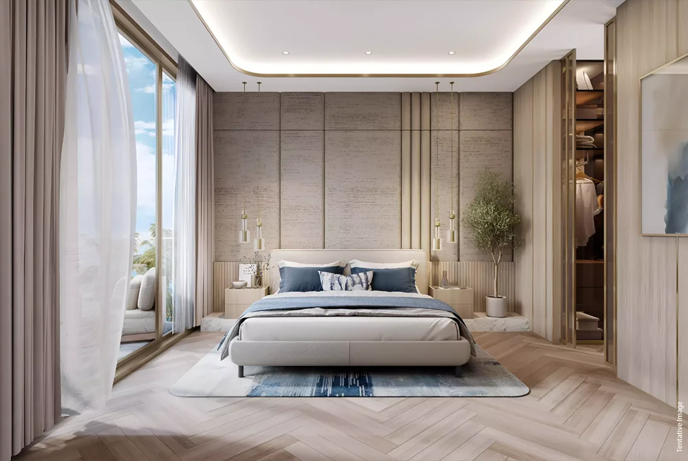 A modern bedroom featuring a large bed and wooden flooring, designed with a sleek aesthetic by Stellar Axis.