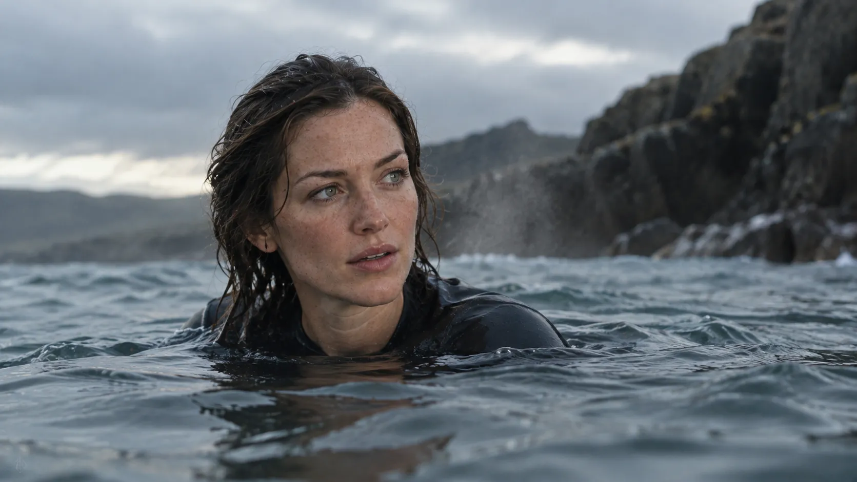 Ada swimming in a cold sea by a rocky coast