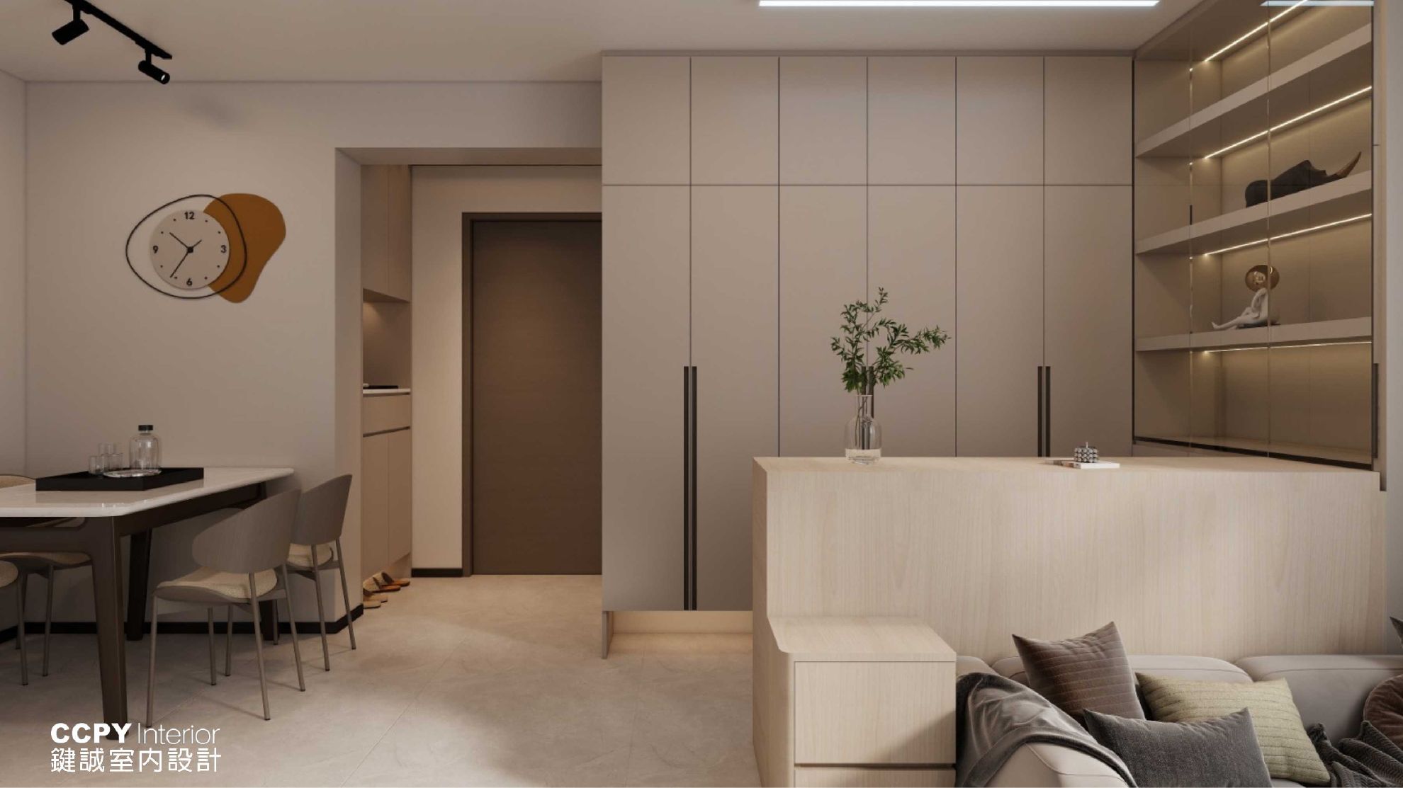 Modern living room with a dining area and large cabinetry.