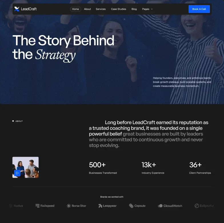 LeadCraft homepage section titled The Story Behind the Strategy with stats on trust, experience, and partnerships.