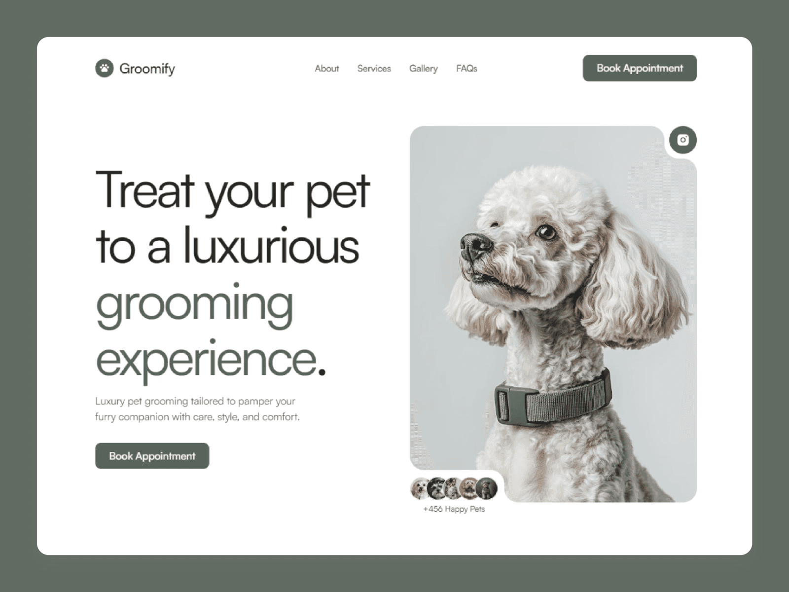 Groomify Framer template — pet grooming salon website layout preview