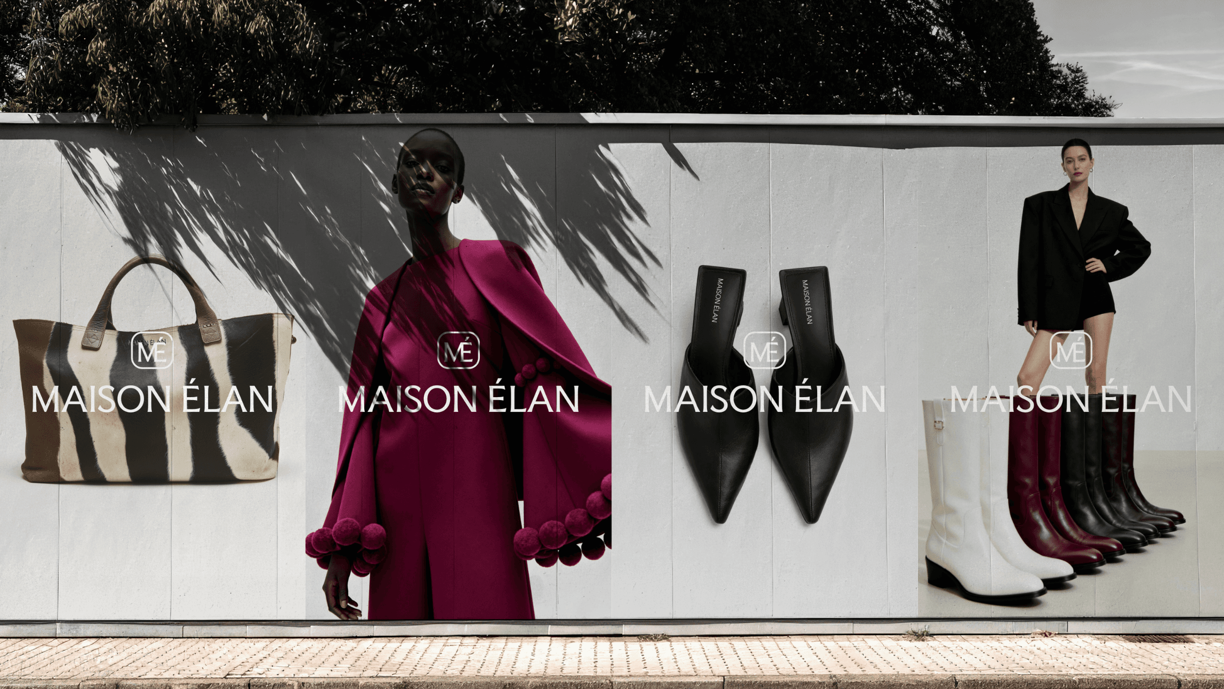 Poster designs for the brand Maison Élan. The posters feature photos of the brand's clothing, shoes, and accessories with the brand logo in the center of each poster.