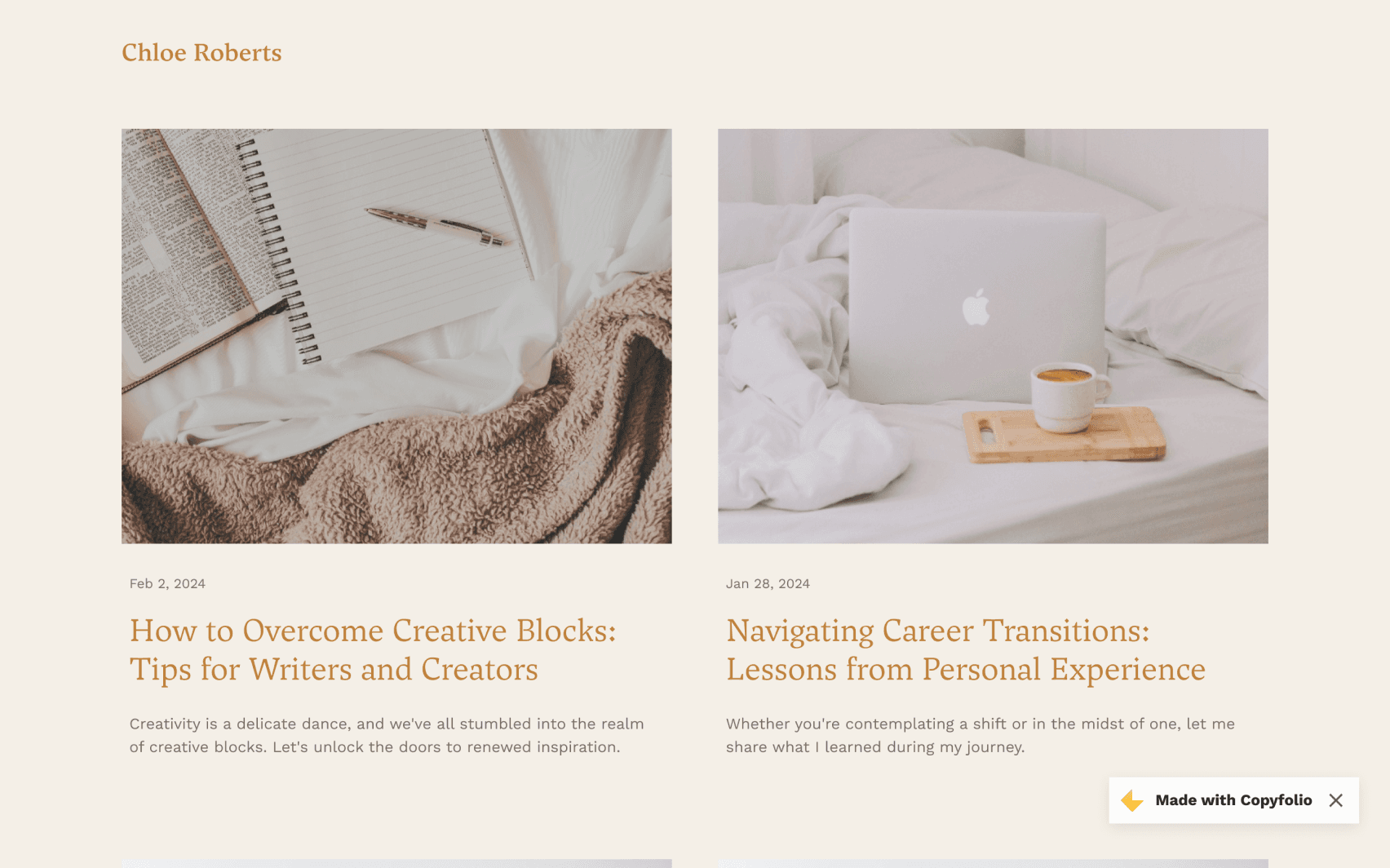 A portfolio design with a settings panel for fonts and colors, showcasing how you can customize every detail in Copyfolio to make your blog truly yours.