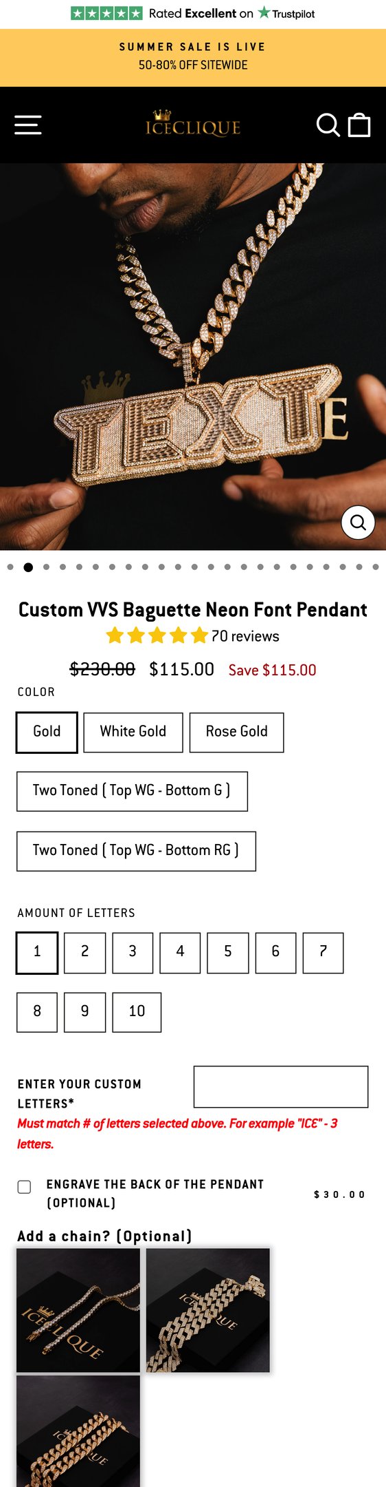 Jewelry product options include: pendant for Custom VVS Baguette Neon Font Pendant from ICECLIQUE JEWELRY.
