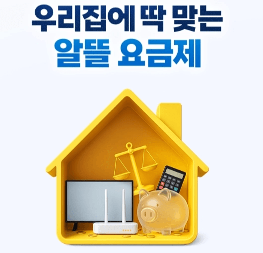 "우리집에 딱 맞는 알뜰 요금제" 안내 배너입니다. 노란색 집 모양 프레임 안에 TV, 와이파이 공유기, 돼지저금통, 계산기, 저울 3D 일러스트가 놓여 있어 알뜰한 통신비 절감을 시각적으로 표현하고 있습니다.