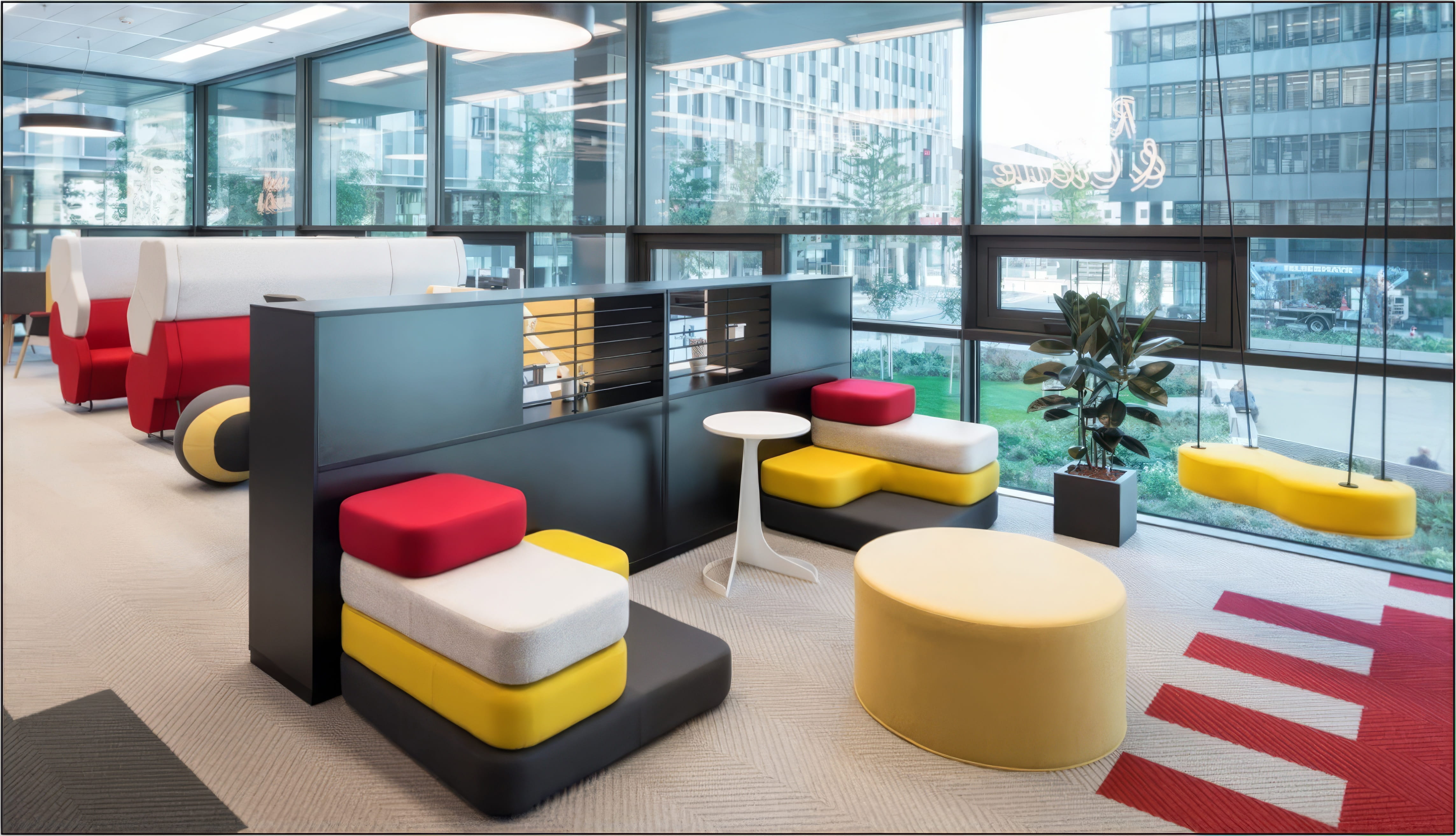 MW Interior  - Moderne Bürolounge mit modularen Sitzelementen in Rot, Gelb und Weiß, Hochlehnensesseln und gelber Hängeschaukel vor Glasfassade" Beschreibung: Großzügige Kommunikations- und Aufenthaltszone mit modularen Polsterelementen, frei konfigurierbaren Sitzstufen und einer gelben Hängeschaukel an der Glasfront – ein lebendiger Gegenpol zum klassischen Arbeitsplatz.