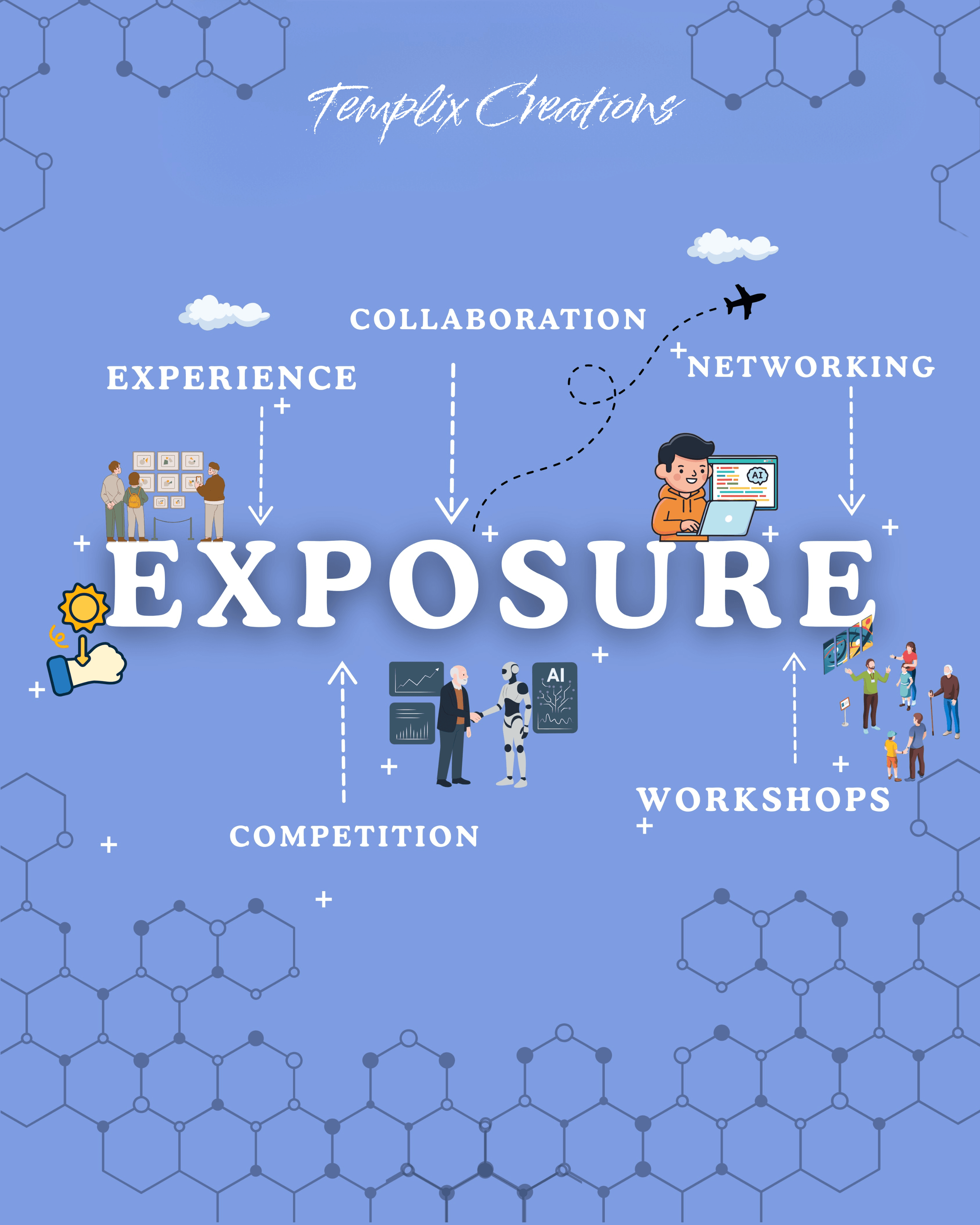 This concept-driven creative design titled “Exposure” is designed by Templix Creations, a professional creative agency specializing in branding, visual communication, infographic design, and digital creatives. The artwork visually represents key growth elements such as experience, collaboration, networking, competition, and workshops, making it ideal for educational programs, tech communities, corporate events, and brand awareness campaigns. This project highlights our expertise in conceptual design, creative storytelling, infographic visuals, marketing communication, and modern graphic design. Designed for global audiences, this creative demonstrates how strategic visuals can communicate complex ideas while strengthening brand presence and engagement.