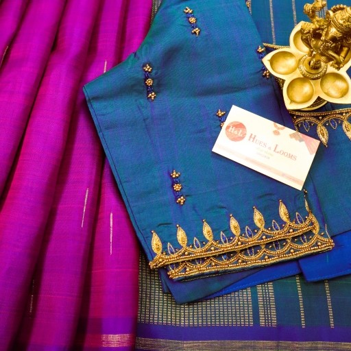 Magenta and Peacock Blue Kanchivaram Silk Saree