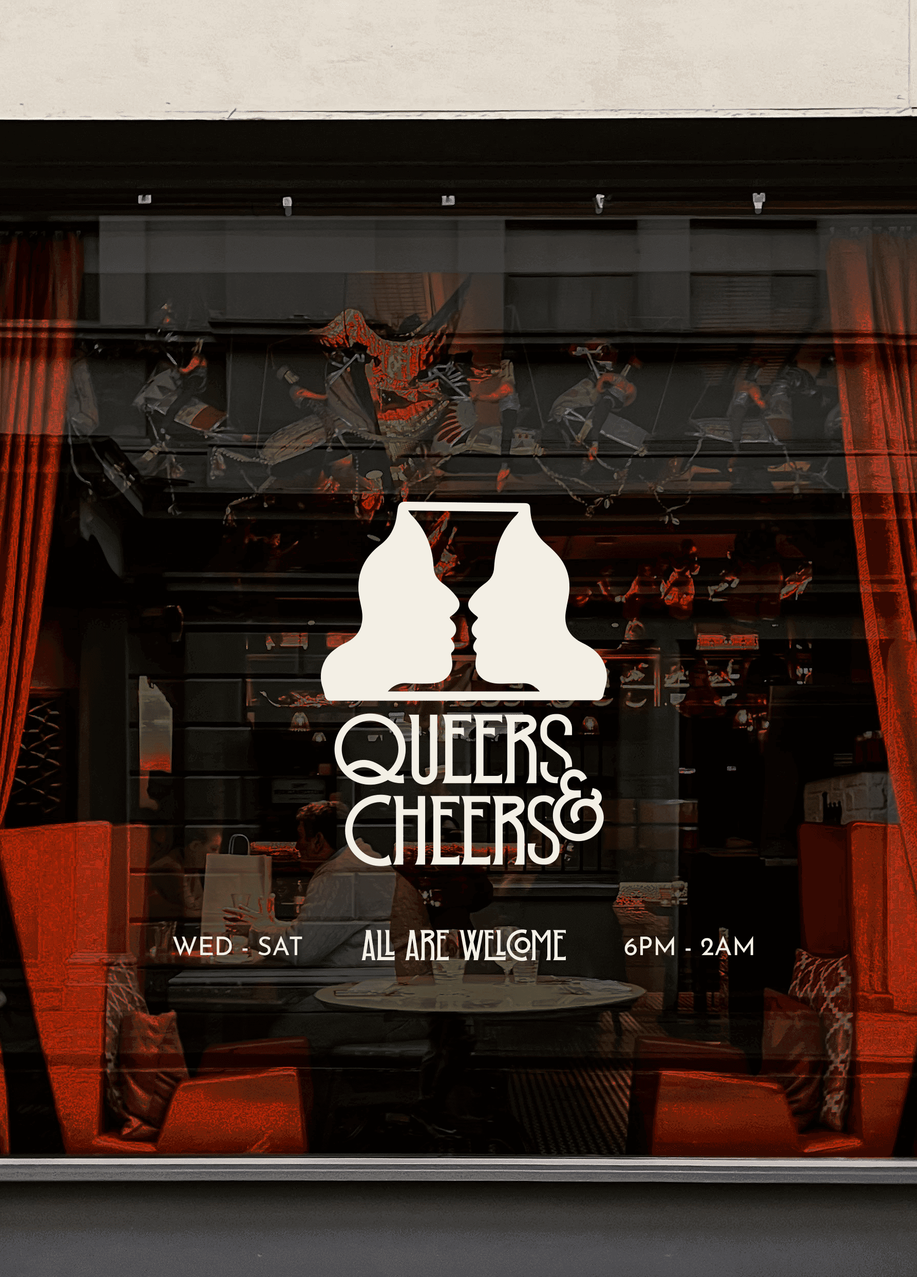 Queers & Cheers bar window, logo of two faces forming a wine glass.