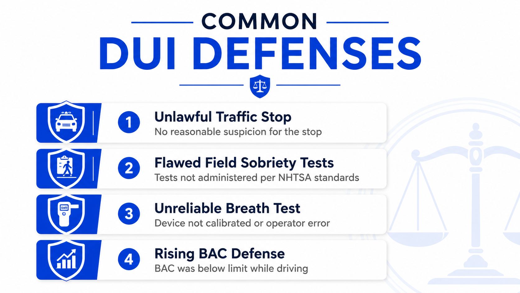 An infographic titled Common DUI Defenses listing four legal strategies used by DUI attorneys to challenge charges.