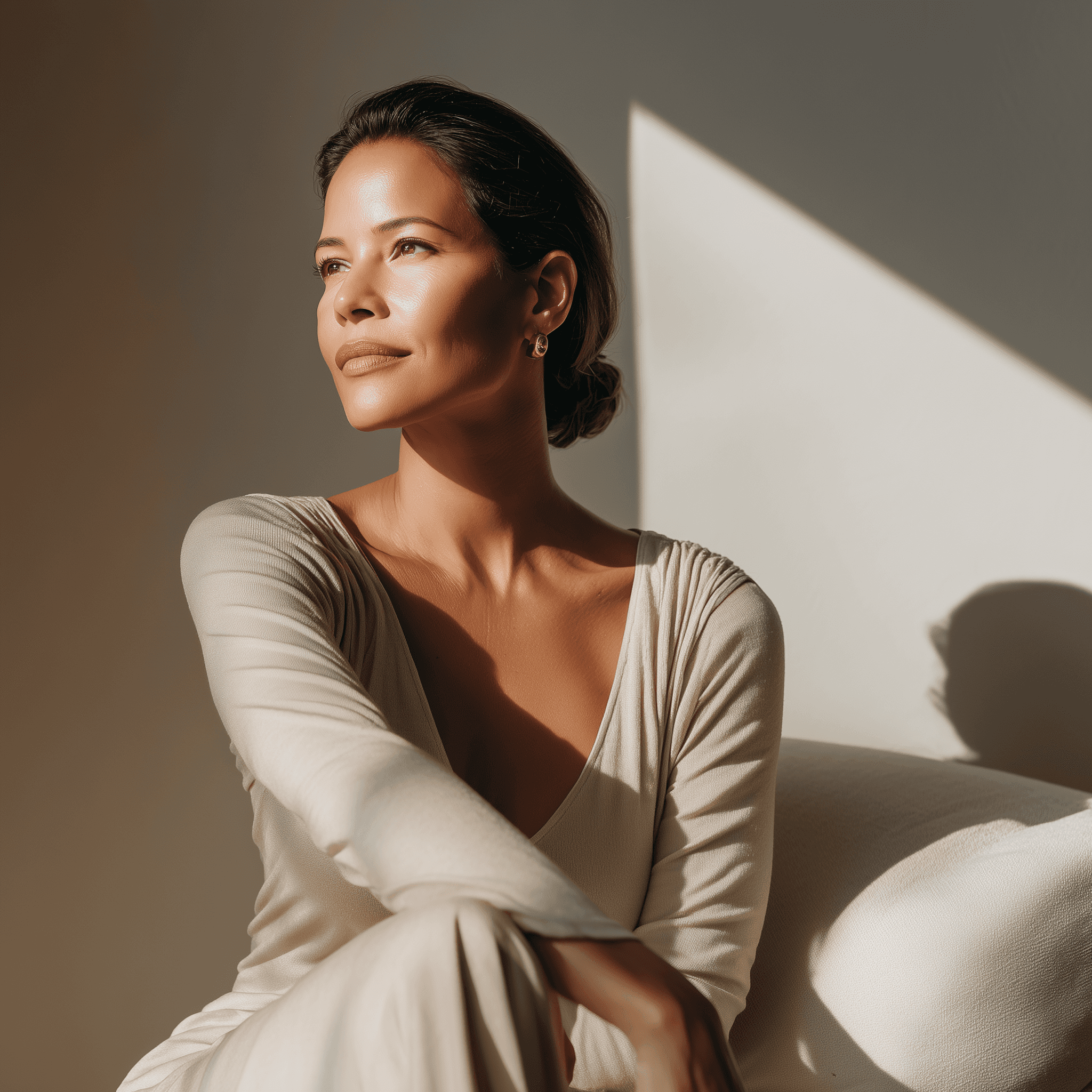 A woman with a white headband relaxing, her face illuminated by warm sunlight filtering through blinds, casting striped shadows. She has a serene and peaceful expression.