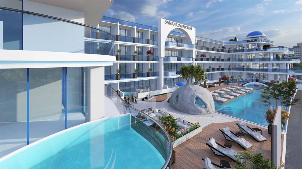 Rendering of the pool and resort area at Samana Santorini, showcasing luxurious amenities and scenic surroundings.